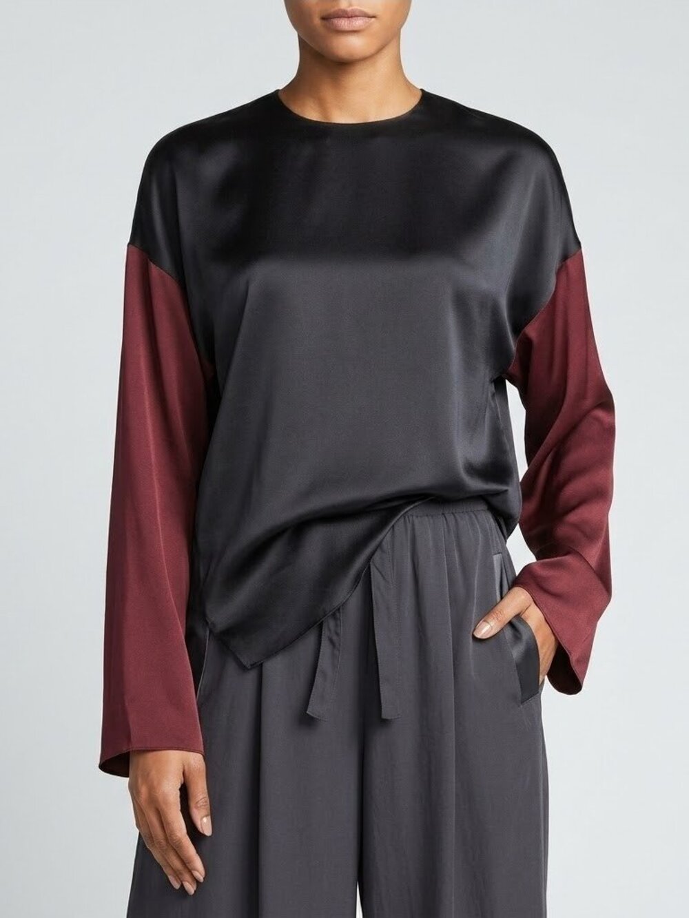 NWT Vince Two-Tone Colorblock Blouse in Coastal Merlot Silk Relaxed Top M
